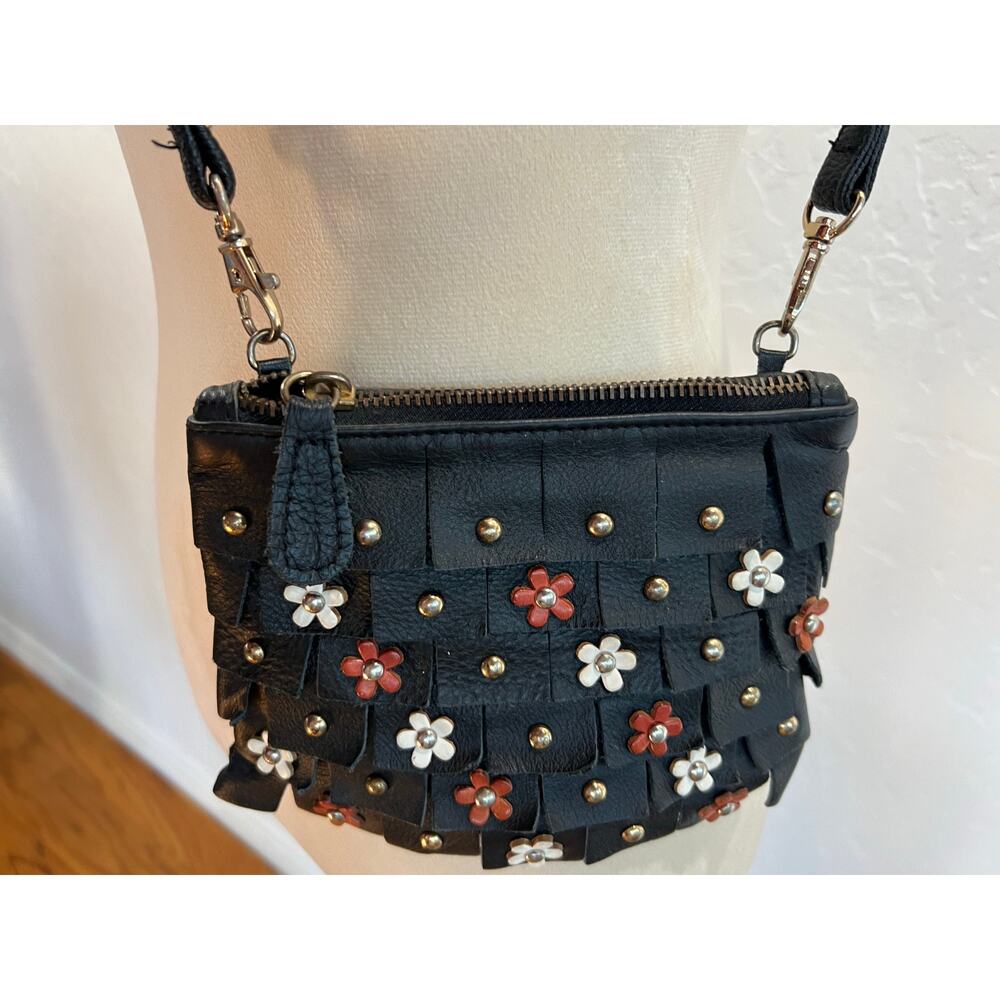 Black Floral Studded Woven Crossbody Bag Small Cute Purse